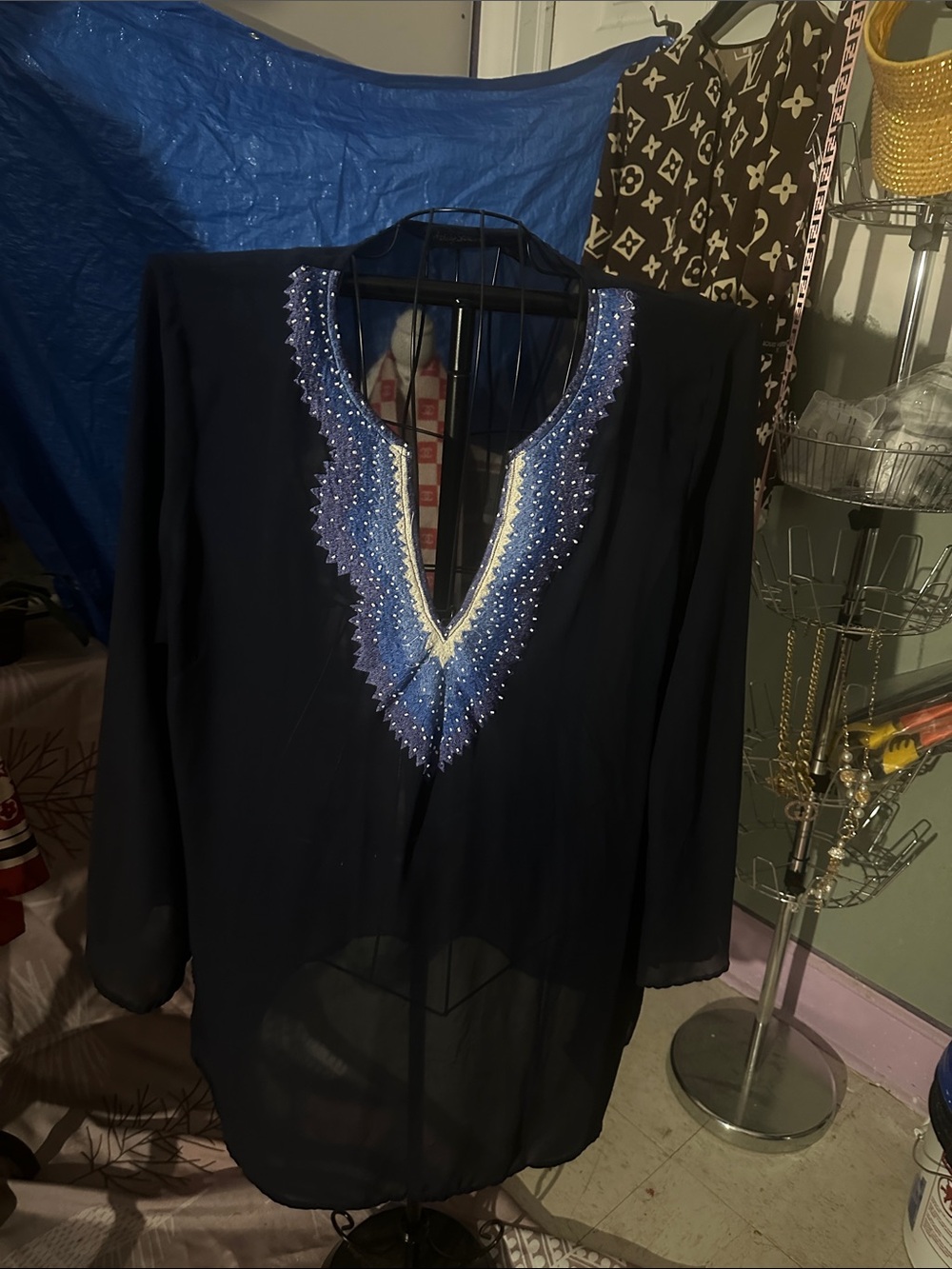 Embroidered V-Neck Sheer Navy Women’s Top with Blue Accents